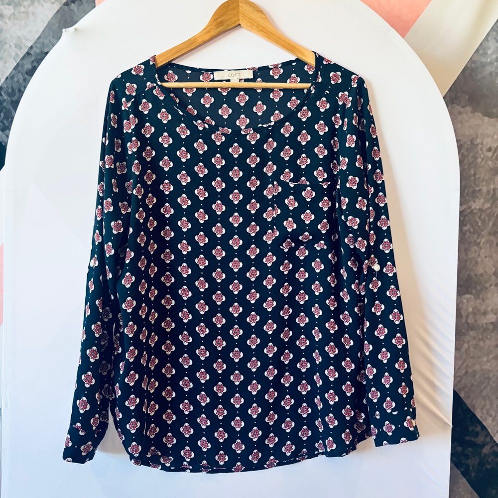 LOFT Black and Pink Floral Long Sleeve Top